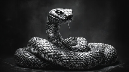 Fototapeta premium Coiled cobra with its hood flared, showcasing classic artistic style and intricate line work — sketch engraving, generative AI vector illustration in scratchboard imitation, black and white image