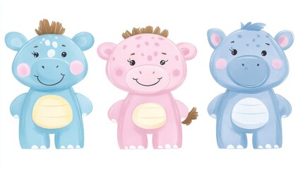 Obraz premium Charming watercolor hippos with crowns whimsical animal illustration for baby shower birthday invitation and nursery art prints adorable hippopotamus illustration