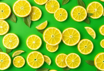 Vibrant yellow lemon slices on a tropical green background, seamless repeat, ripe, graphic