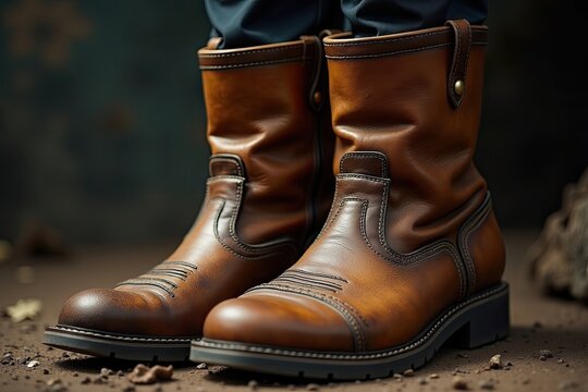 Stylish brown leather boots on a rugged surface, showcasing durability and fashion in an outdoor setting