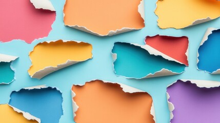 Fototapeta premium Colorful ripped paper shapes on light blue background