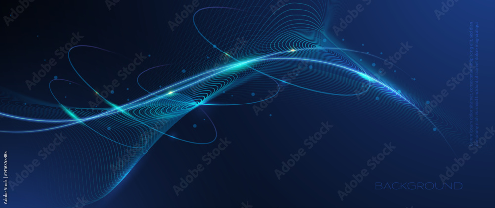 Poster Vector abstract dynamic geometric shape, wave flow line, light effect and texture on blue gradient color for wallpaper, template banner. Illustration modern graphic design for futuristic background