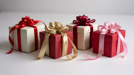 Obraz premium Assorted Gift Boxes with Ribbons Red, Pink, Gold for Birthdays, Holidays, and Special Occasions, Isolated on White Background