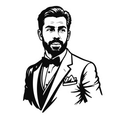 Stylish man in a tuxedo with a pocket square in black and white  