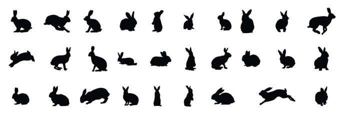 Set of rabbits silhouette in different poses. Hand drawn black silhouettes of easter bunnies isolated on white background. Vector illustration of decorative elements for design decor.