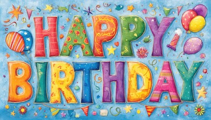 Colorful birthday balloons and star decorations on a blue background for celebration and greeting.