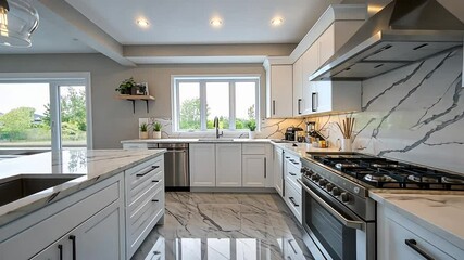 Modern white kitchen with island, marble countertops, and stainless steel appliances - Powered by Adobe