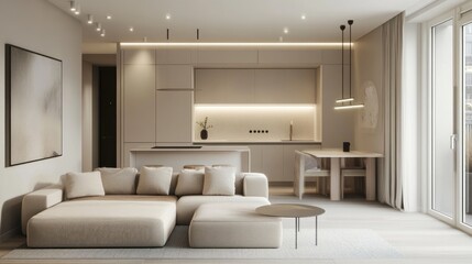 Modern beige minimalist apartment interior design.