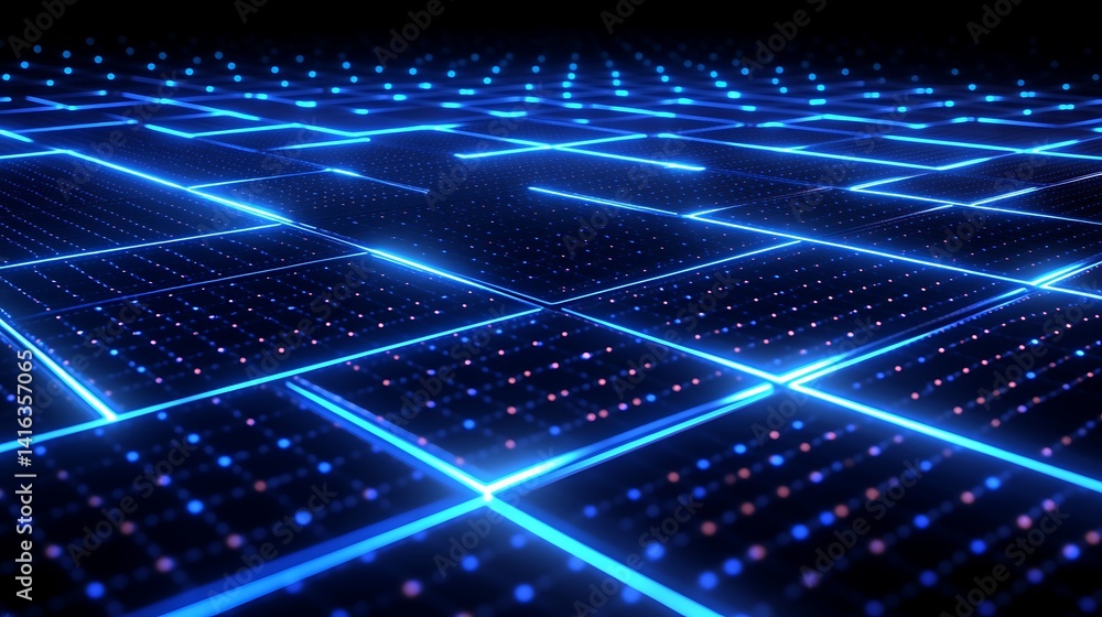 Poster glowing blue geometric abstract pattern, abstract geometric pattern with glowing blue squares and li