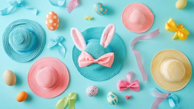 Colorful Easter Decorations with Hats, Eggs, and Bows on Blue Background
