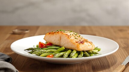 Grilled Salmon Fillet with Asparagus and Cherry Tomatoes on a Wooden Background