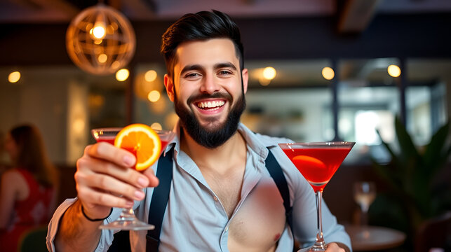 Cheerful modern bearded man in unbuttoned shirt at the party offers to try red cocktail drink with orange in martini glass