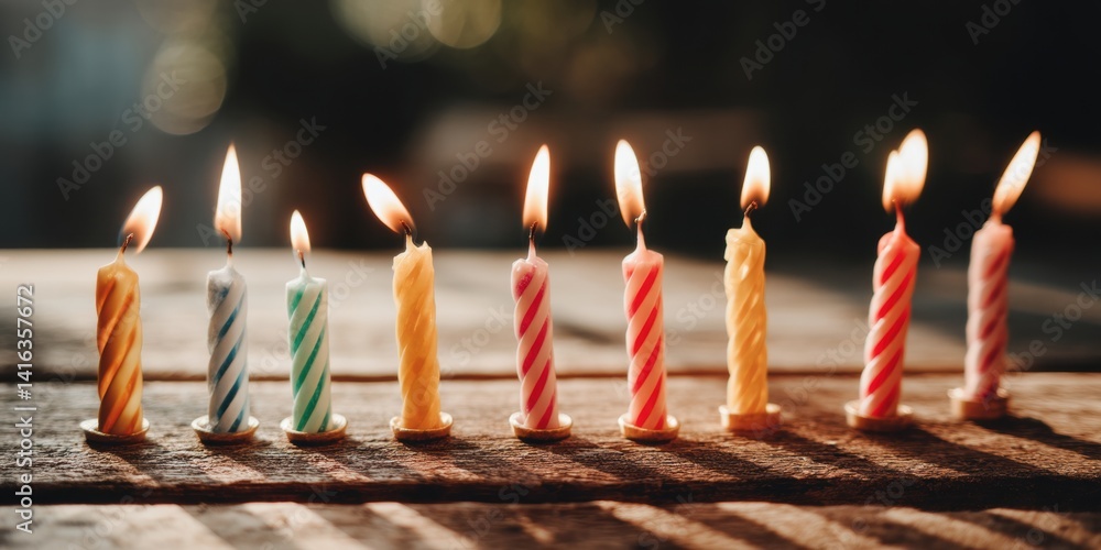 Poster lit candles on a rustic wooden table with a dark background creating a warm, intimate setting.