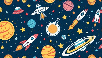 Naklejka premium Whimsical hand-drawn space pattern featuring UFOs, rockets, planets, stars, and comets, illustration, galaxy