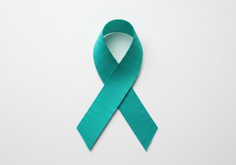 A teal ribbon symbol on a white background representing awareness for ovarian cancer support cause ribbon