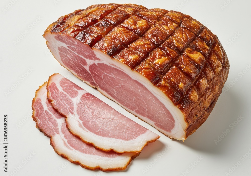 Poster close up of a sliced ham with a checkered pattern on the rind and three slices in the foreground
