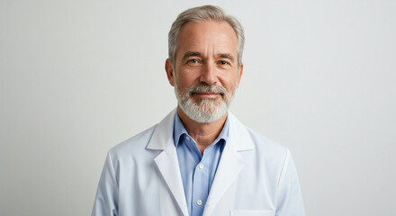 A portrait of a mature man with gray hair and a beard, wearing a white lab coat over a blue button-down shirt, looking directly at the camera.