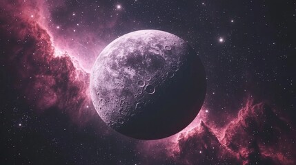 Fototapeta premium Stunning view of a detailed moon surface surrounded by vibrant cosmic colors in the depth of the universe's starry expanse