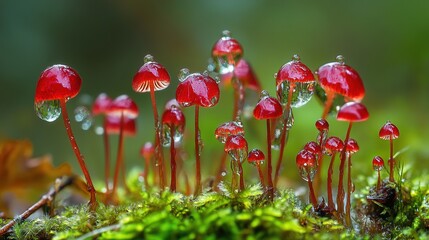 Rain-Soaked Tiny Flower Scene Showcasing the Intricate Wonders of Nature Through Each Raindrop Acting as a Miniature Lens