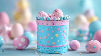 Fototapeta premium Colorful Decorated Easter Eggs in a Blue Container with Pastel Theme