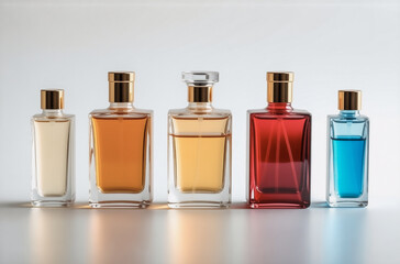 Five perfume bottles in varying sizes and colors stand in a row against a white background.  The glass bottles have gold caps and reflect light.