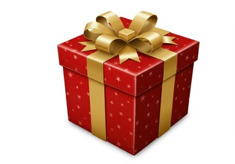 Obraz premium A red gift box with gold ribbon and bow and star pattern sitting on a white surface in a studio shot