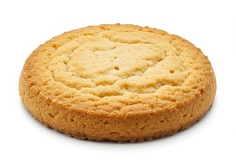 Close up of a single golden brown baked cookie isolated on a white background in studio lighting