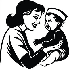Happy Mother and Baby Illustration Black and White