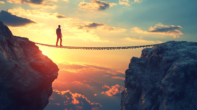 A lone man walks a tightrope high above a dramatic sunset landscape between two rocky mountain peaks.  Use this image for concepts of risk, challenge, and success.