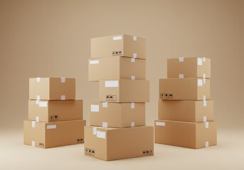 Fototapeta premium Stacks of cardboard boxes arranged on a plain background, showcasing packaging and delivery concepts