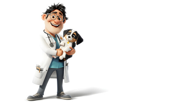 A cartoon doctor holding a dog. Generated using AI.