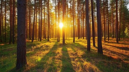 Fototapeta premium Behold the Majestic Tableau of a Pine Forest, Where Towering Evergreens Grace the Colorful Landscape, Exuding Ethereal Tranquility as the Very Essence of Pine Needles Permeates the Air