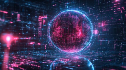 Obraz premium Abstract digital sphere with glowing pink and blue lights. Concept of technology, data, and future.