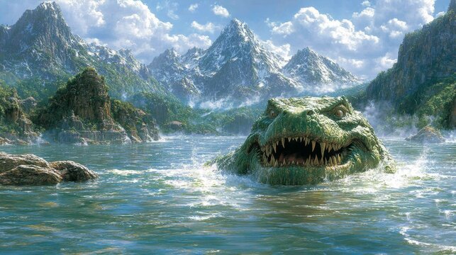 Mystical aquatic creature emerges from pristine lake surrounded by majestic snow capped mountains under a dramatic cloudy sky adventure concept