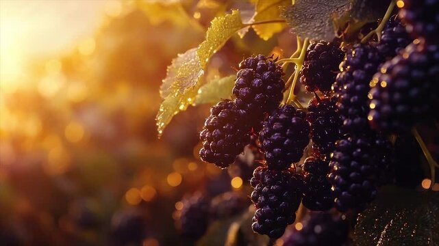 Sunlit blackberries glistening with dew on a vine