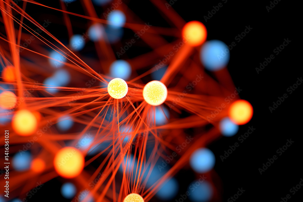 Poster an abstract representation of interconnected nodes and strands, showcasing vibrant colors against a 