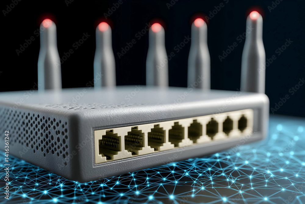Poster a modern router with multiple antennas, featuring a sleek design and illuminated indicators, sits on