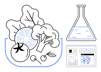 Bowl of vegetables, citrus, and cherry paired with a chemistry flask and data dashboard. Ideal for sustainability, nutrition, scientific innovation, research, agriculture, educational tools simple