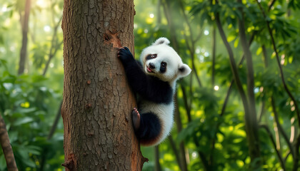 Obraz premium Curious Baby Panda Climbing a Tree