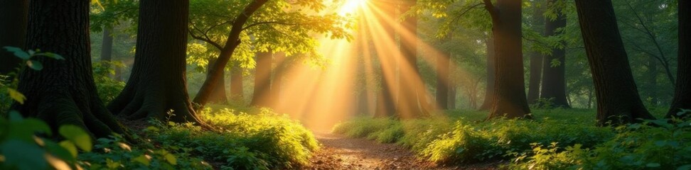 Warm sunlight filters through dense foliage creating dappled patterns on forest floor,  woodland,  dapples