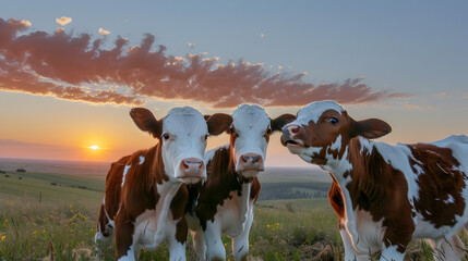 Three cows standing in a field with a beautiful sunset in the background