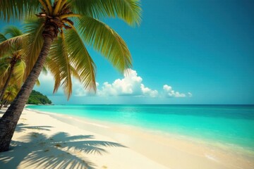 Fototapeta premium Warm sandy beach with swaying palm trees and turquoise ocean, set against a vintage filter backdrop , island vibes, film grain