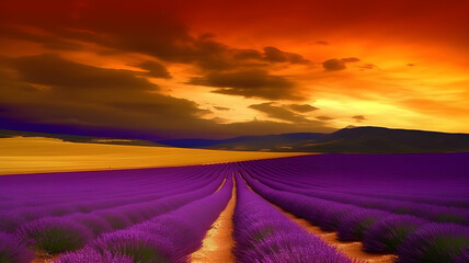Fototapeta premium Golden Sci-Fi Sunset Over Purple Terrain