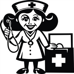 Happy Retro Nurse Cartoon Character with First Aid Kit