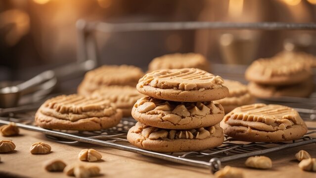 Freshly baked chocolate chip cookies cooling on a wire rack with a warm - Powered by Adobe