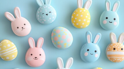 Obraz premium Colorful Easter Eggs and Bunnies on Blue Background for Celebration