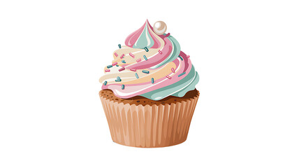 Delightful Cupcake with Multicolored Frosting and Sprinkles, Topped with a Pearl Sweet Treat
