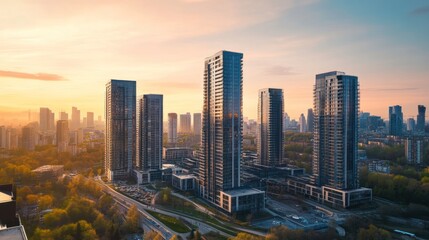 Modern cityscape at sunrise with high-rise buildings, urban sprawl, and roads.  Aerial view of residential towers and foliage.