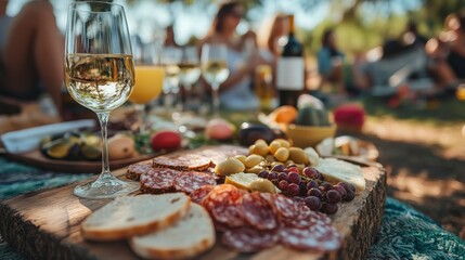 Gourmet Picnic Spread with Wine and Charcuterie on Outdoor Table