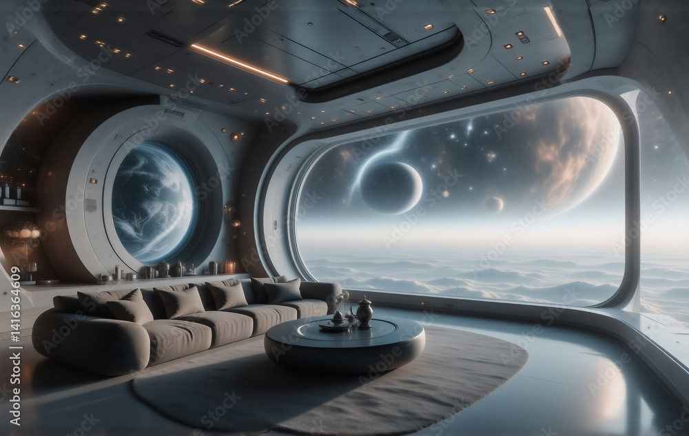 Aufkleber Futuristic lounge with panoramic spaceship window offering breathtaking views of planets and cloudscapes.  A sophisticated and serene space for relaxation.